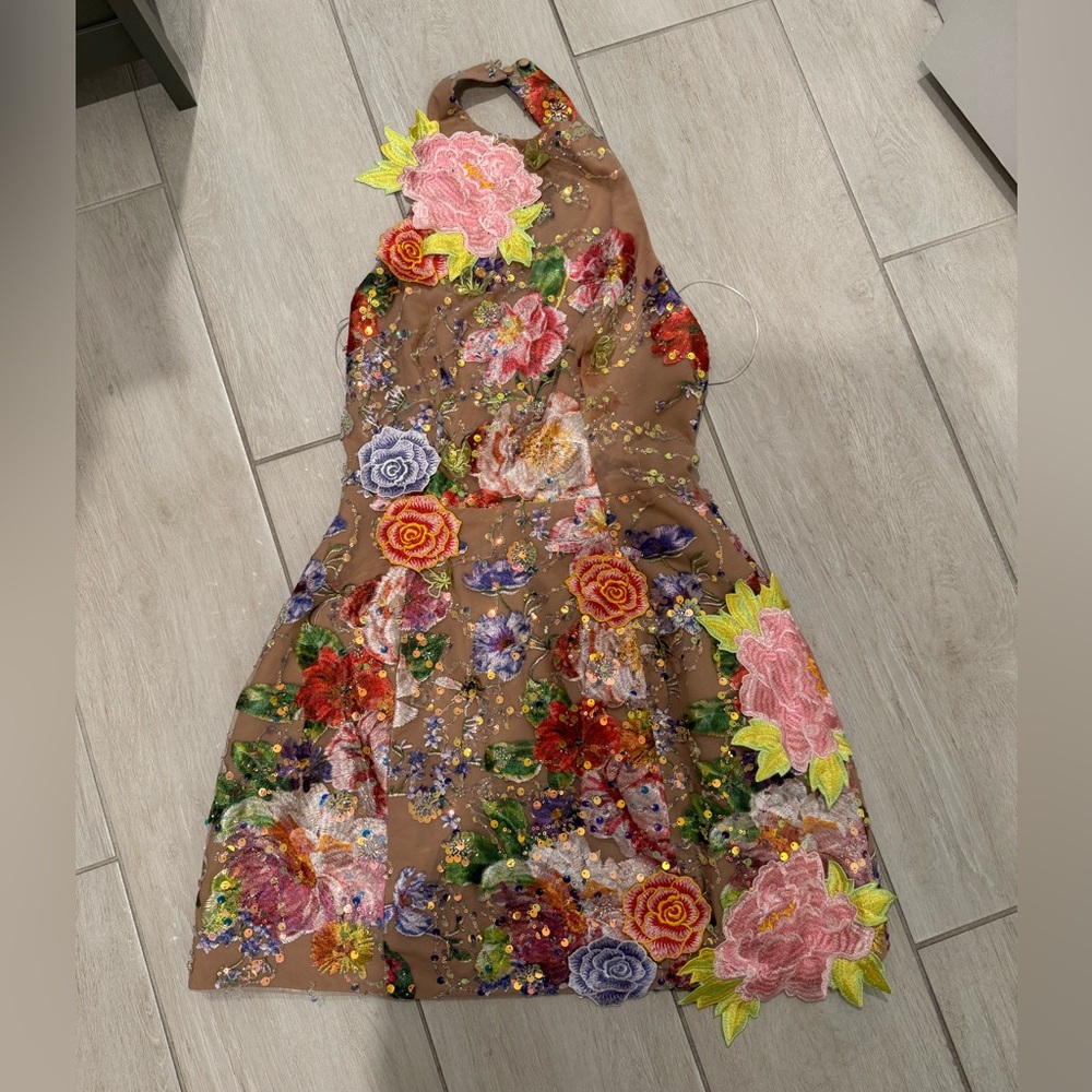 Elliatt Brown Halter Mini Dress with Multicolor Floral Embroidery - Picture 4 of 6